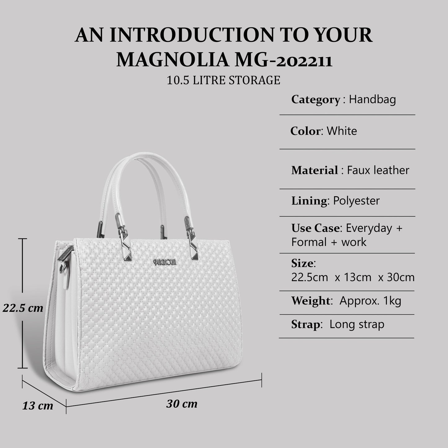 Magnolia White Quilted Faux Leather Handbag for Women | 10.5L Stylish Everyday & Office Use Bag with Long Strap