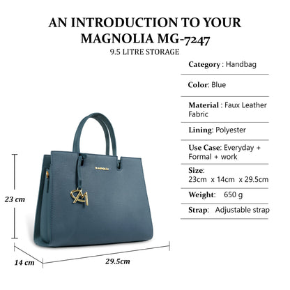 Magnolia Women’s Handbag – 9.5L Spacious Faux Leather Tote in Blue