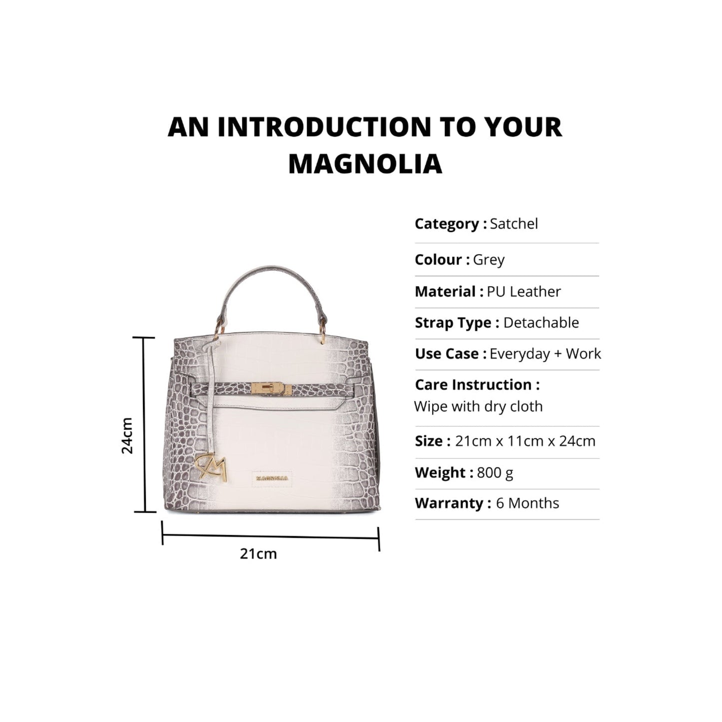 Magnolia Grey PU Leather Animal Effect One Size Women Satchel