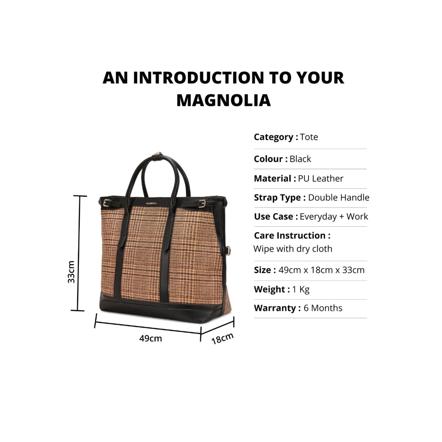 Magnolia Black PU Leather Textured One Size Unisex Tote