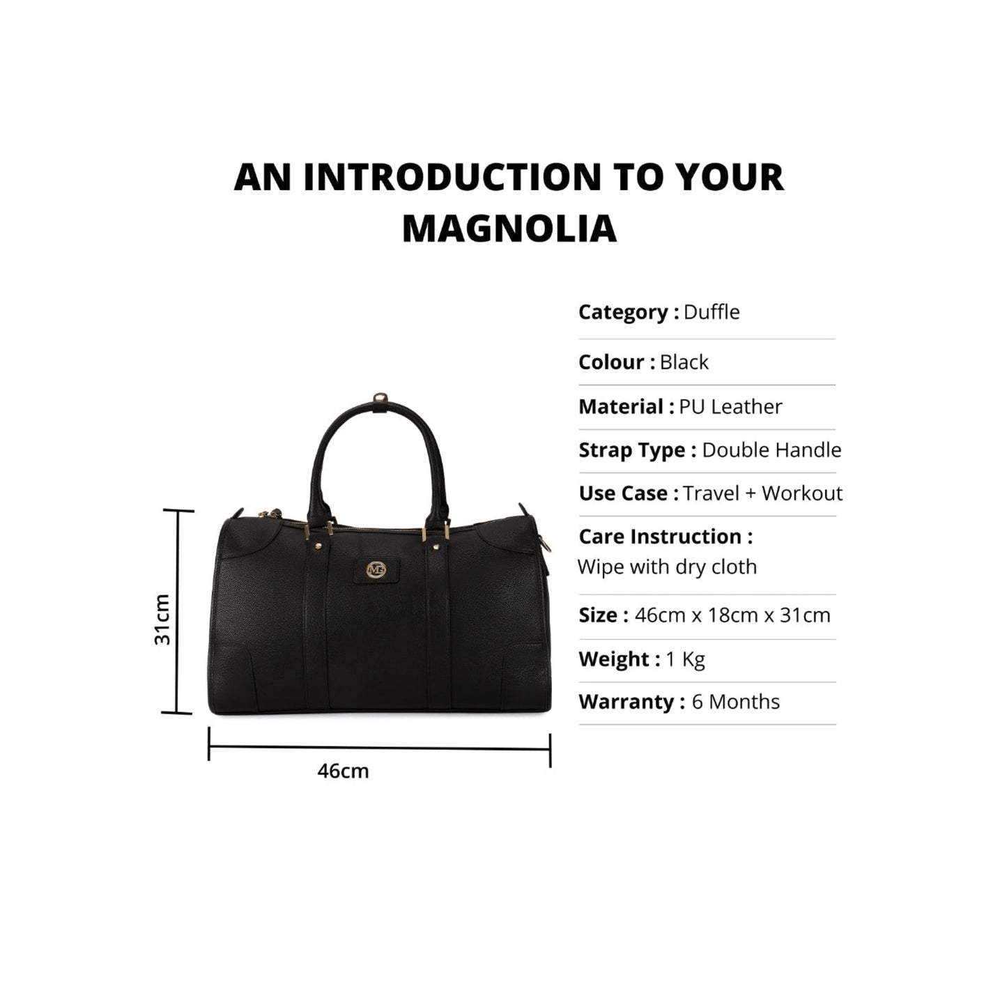 Magnolia Black PU Leather Solid One Size Unisex Duffle Bag