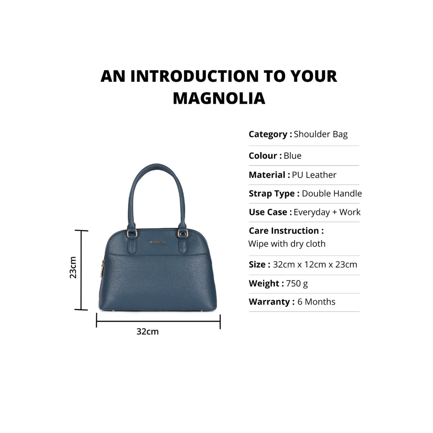Magnolia Blue  PU Leather Solid One Size Women Shoulder Bag