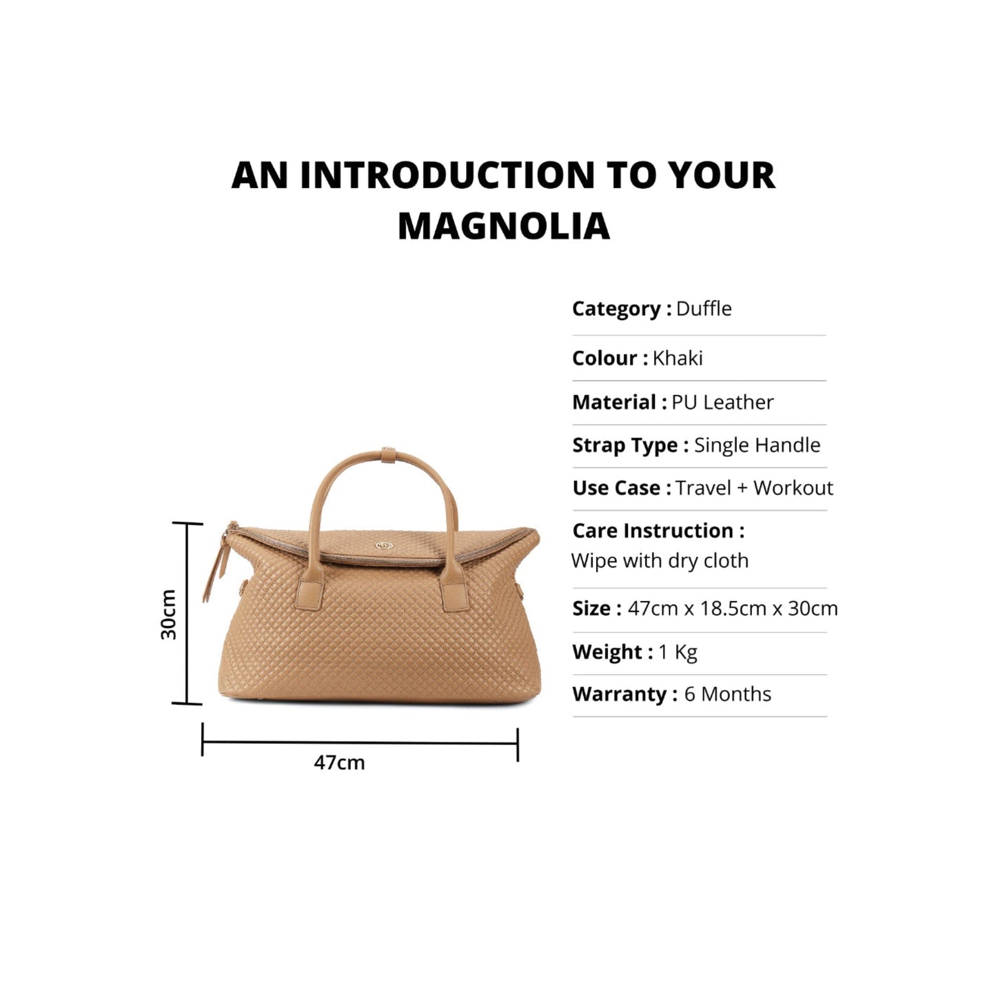 Magnolia Khaki PU Leather Quilted One Size Unisex Duffle Bag