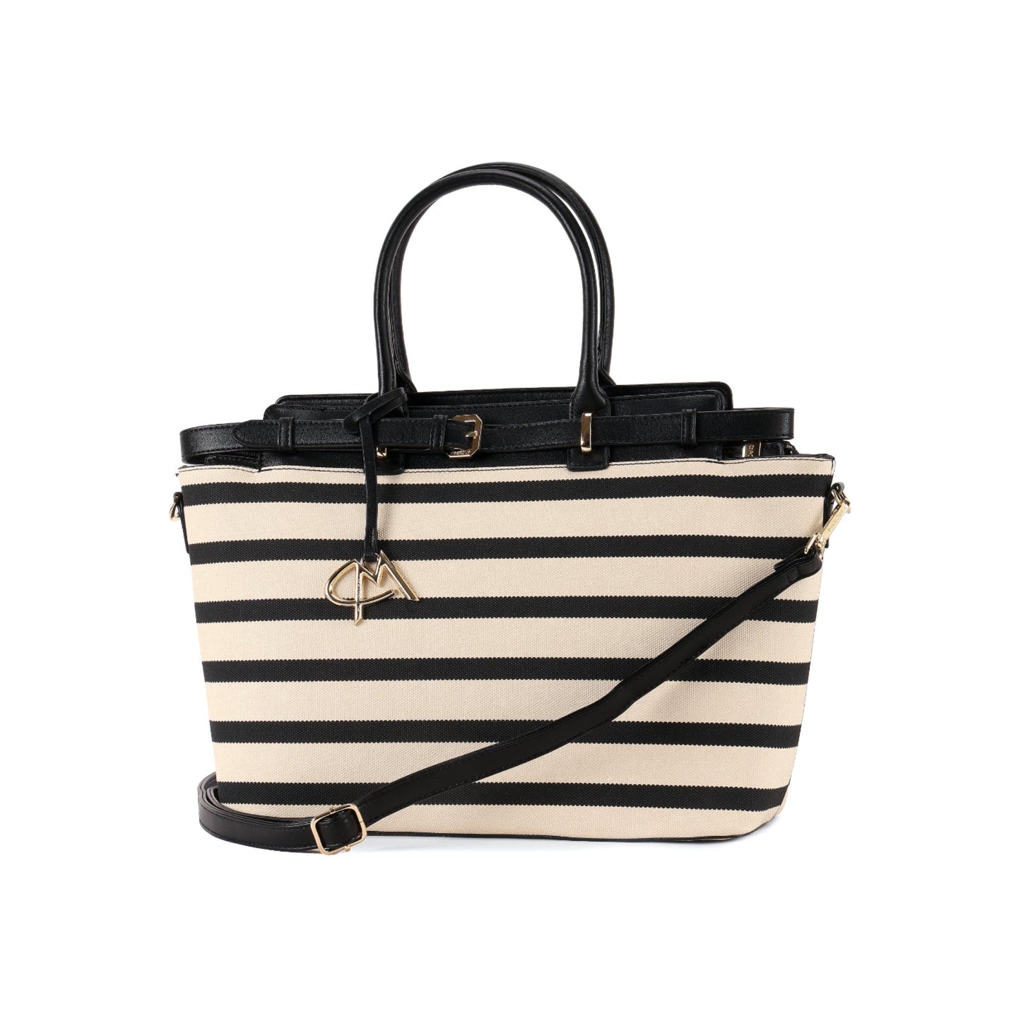 Magnolia Black PU Leather Striped One Size Women Tote