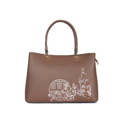 Magnolia Taupe PU Leather Embroidered One Size Women Tote