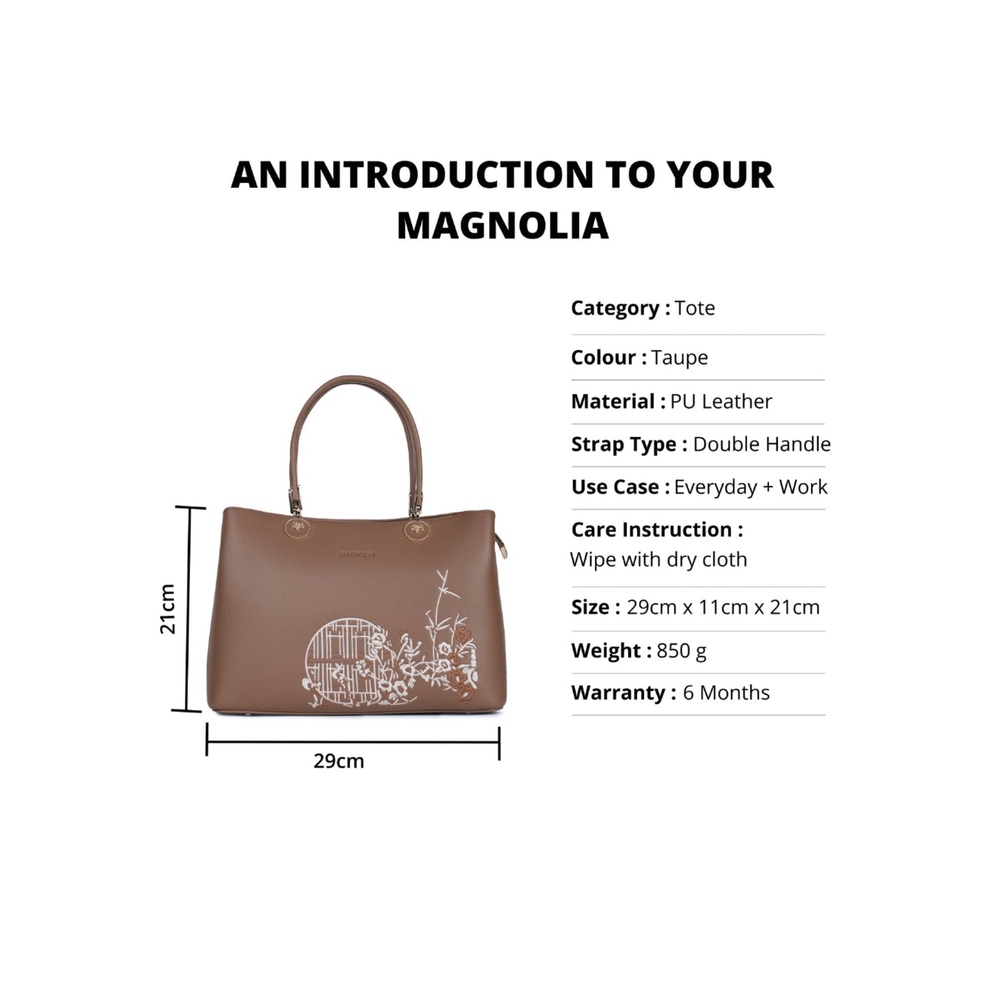 Magnolia Taupe PU Leather Embroidered One Size Women Tote