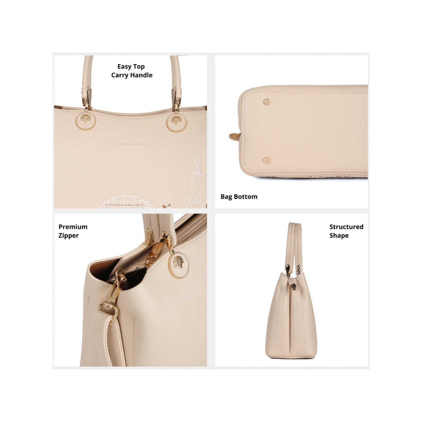 Magnolia Beige PU Leather Embroidered One Size Women Tote