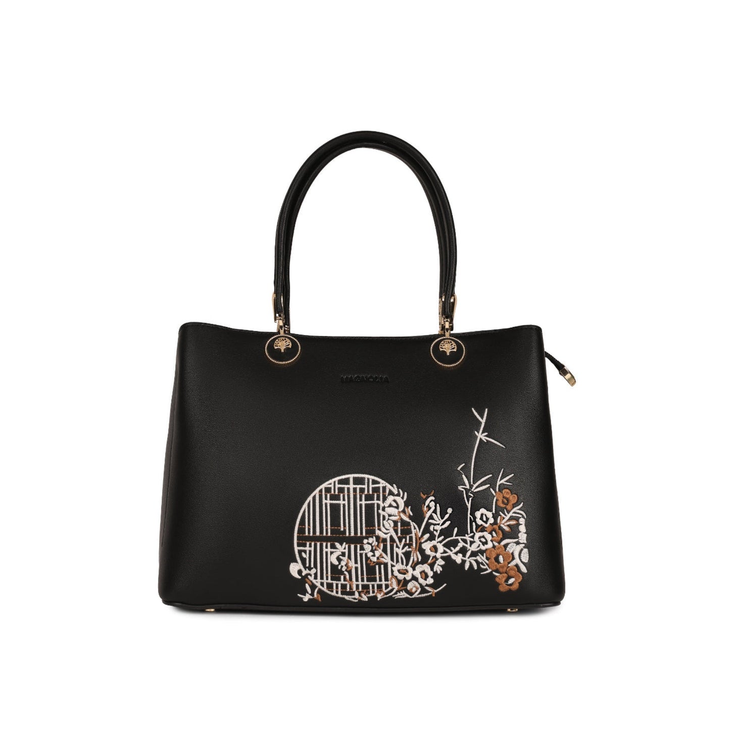 Magnolia Black PU Leather Embroidered One Size Women Tote