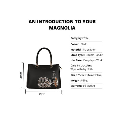 Magnolia Black PU Leather Embroidered One Size Women Tote