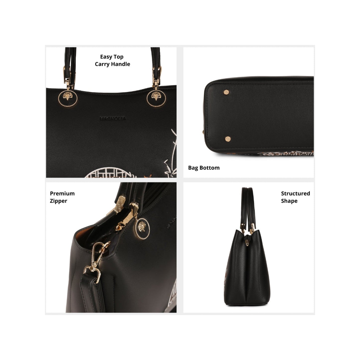 Magnolia Black PU Leather Embroidered One Size Women Tote