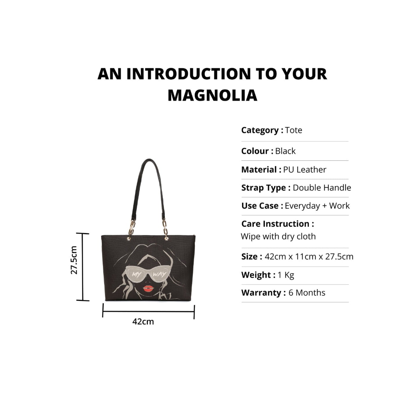 Magnolia Black PU Leather Printed One Size Women Tote