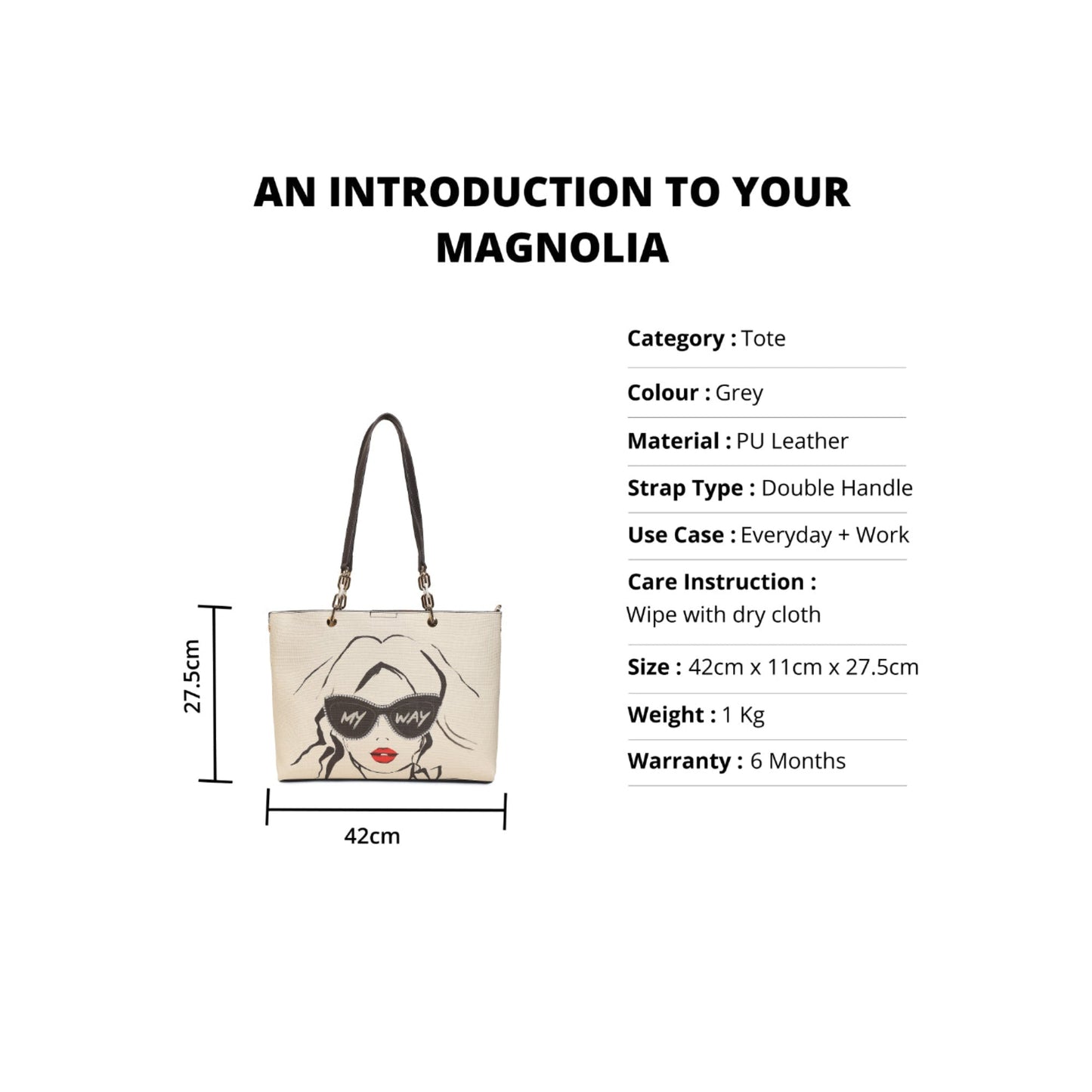 Magnolia Grey PU Leather Printed One Size Women Tote