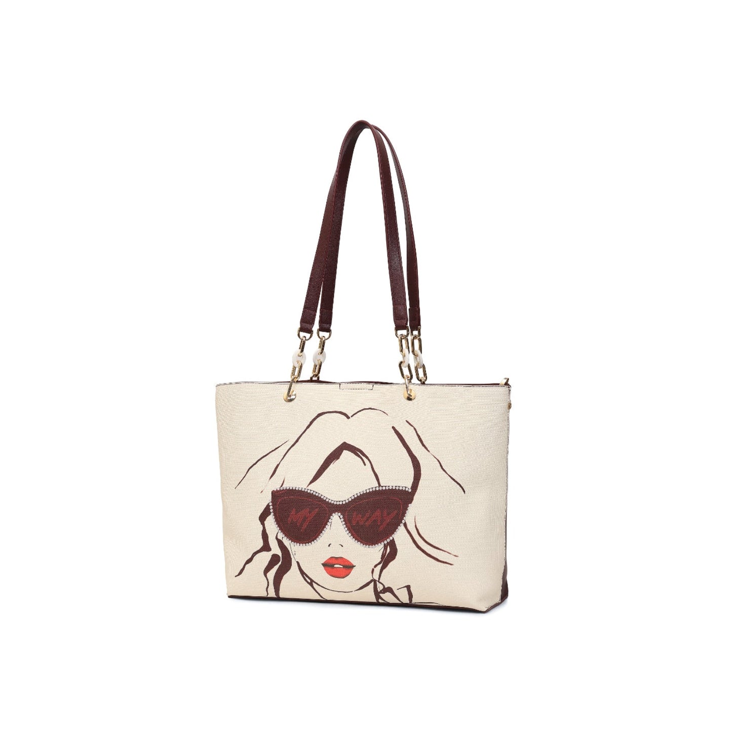 Magnolia Women Beige & Wine Printed Tote Bag