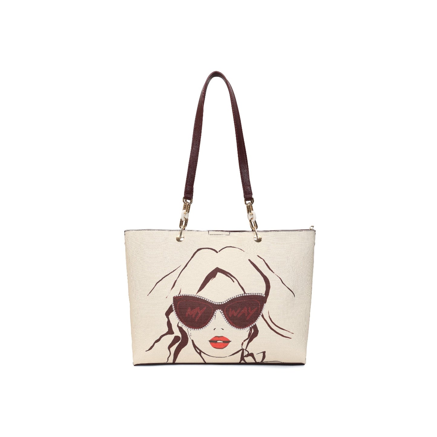 Magnolia Women Beige & Wine Printed Tote Bag