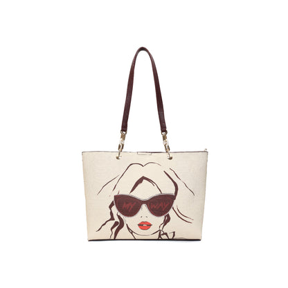 Magnolia Women Beige & Wine Printed Tote Bag