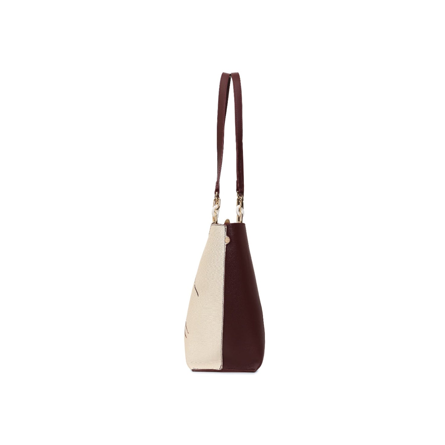 Magnolia Women Beige & Wine Printed Tote Bag