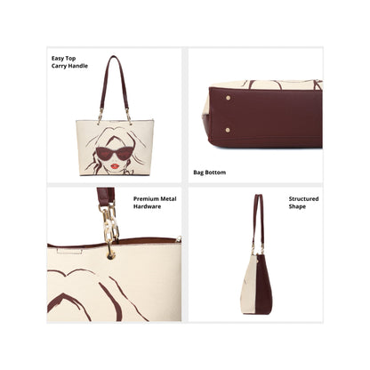 Magnolia Women Beige & Wine Printed Tote Bag