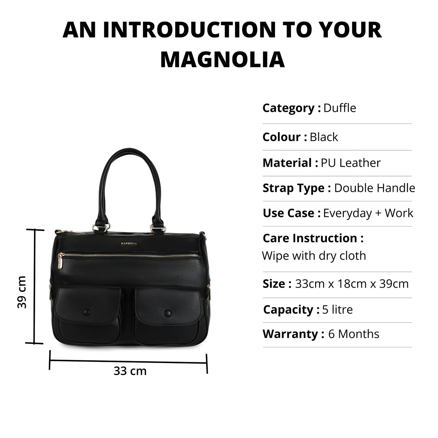 Magnolia PU Leather  Black Duffle Bag