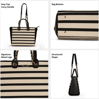 Magnolia PU Leather Women Striped Black Tote Bag