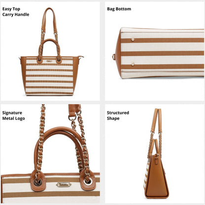 Magnolia PU Leather Women Striped Brown Tote Bag