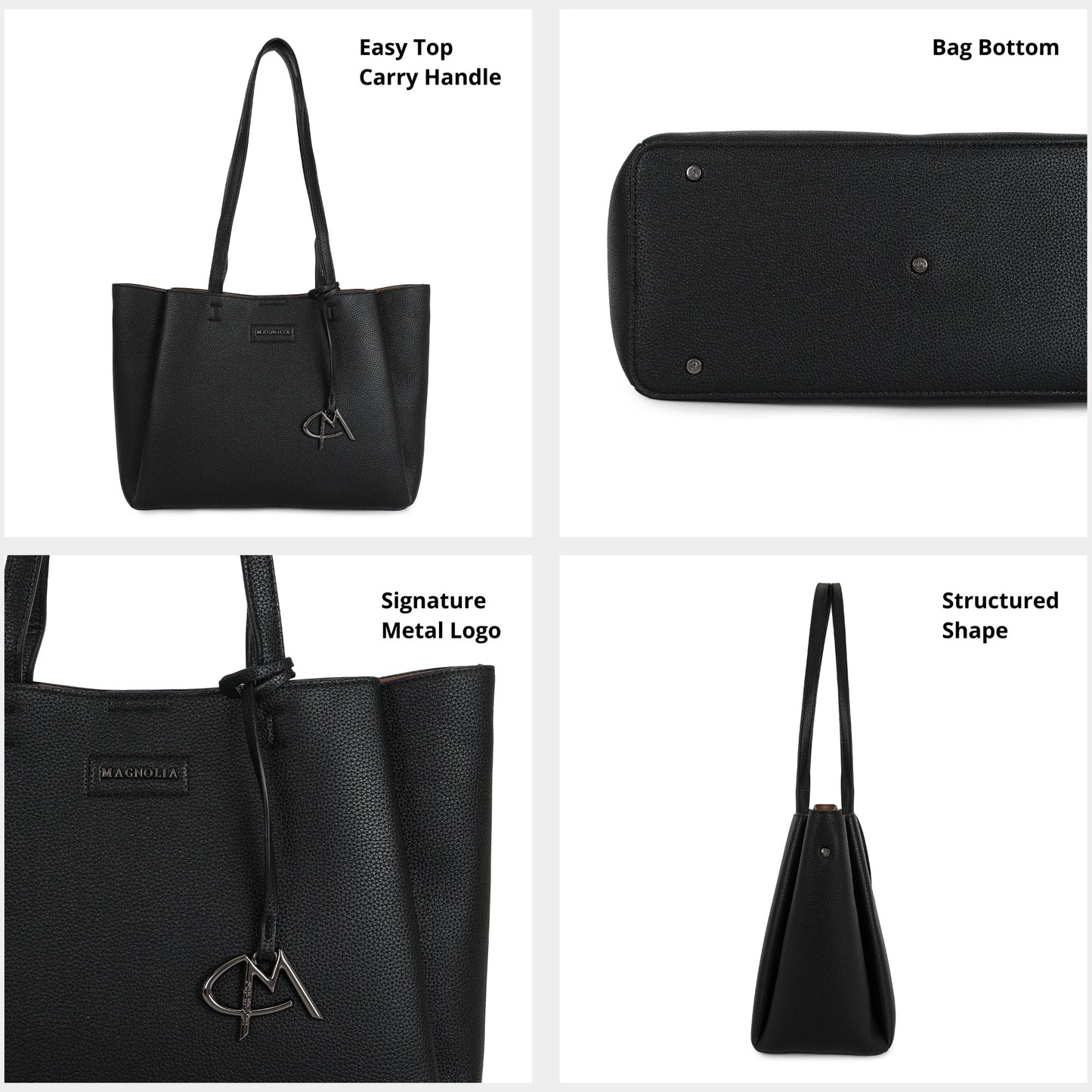 Magnolia PU Leather Women Black Tote Bag