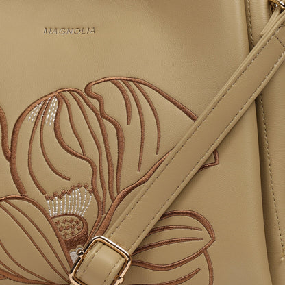 Magnolia PU Leather Women Embroidered Khaki Shoulder Bag