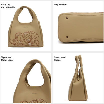 Magnolia PU Leather Women Embroidered Khaki Shoulder Bag