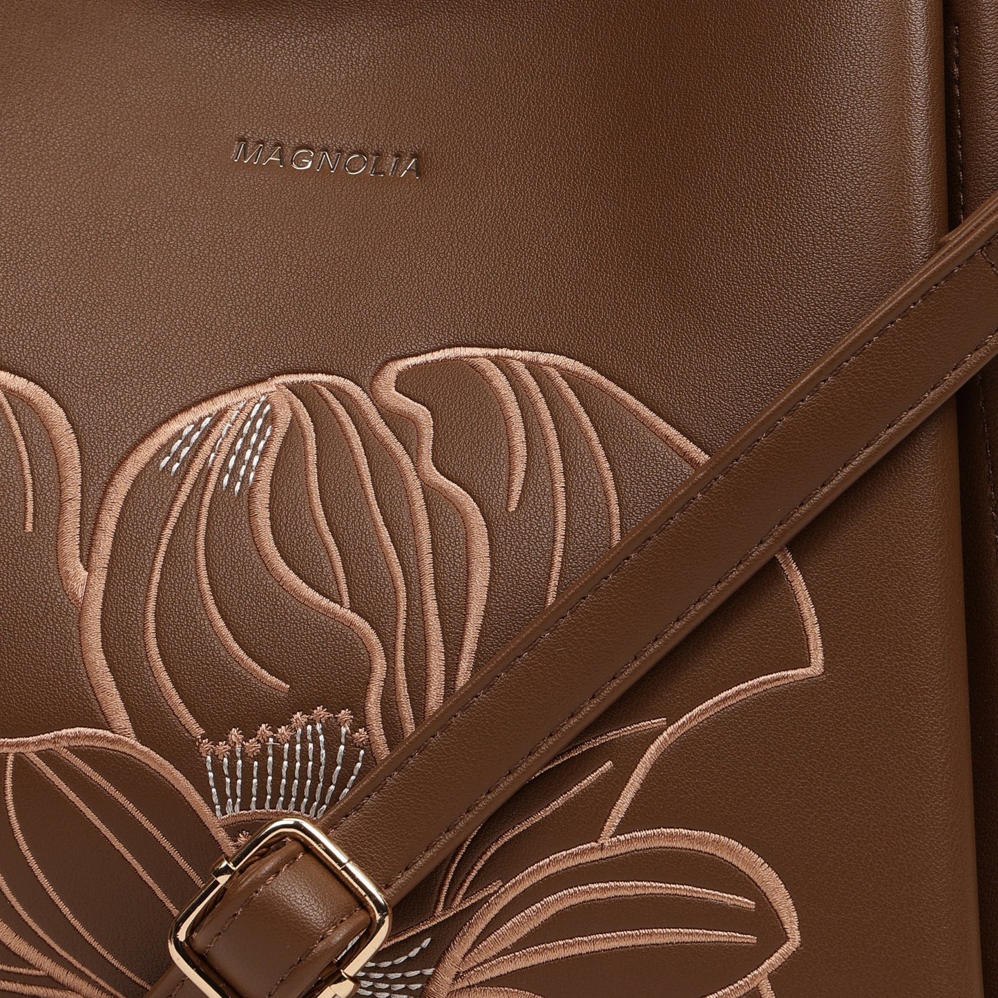 Magnolia PU Leather Women Embroidered Coffee Shoulder Bag