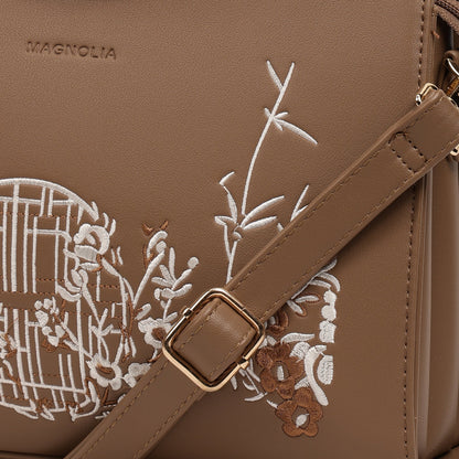 Magnolia PU Leather Women Embroidered Taupe Shoulder Bag