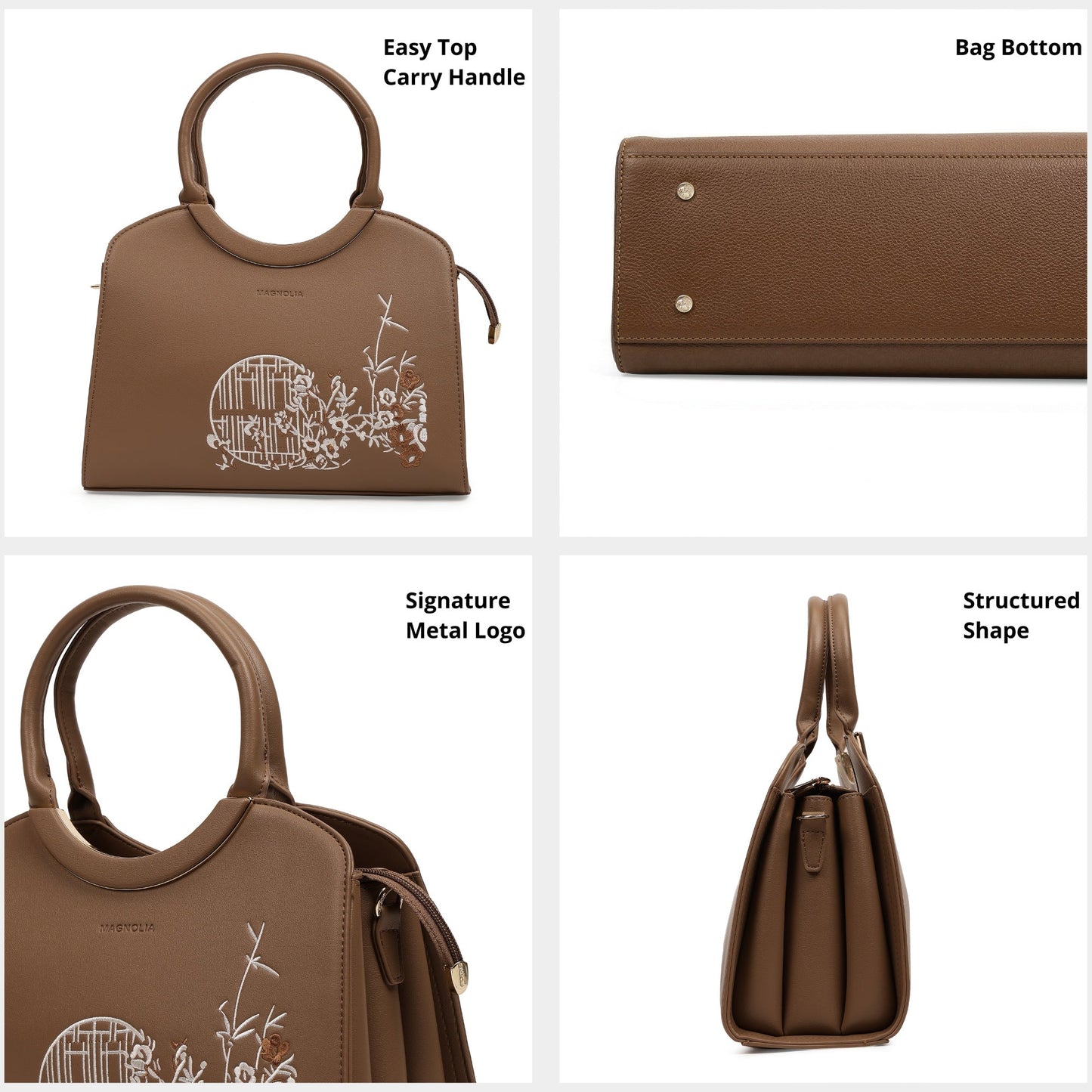 Magnolia PU Leather Women Embroidered Taupe Shoulder Bag