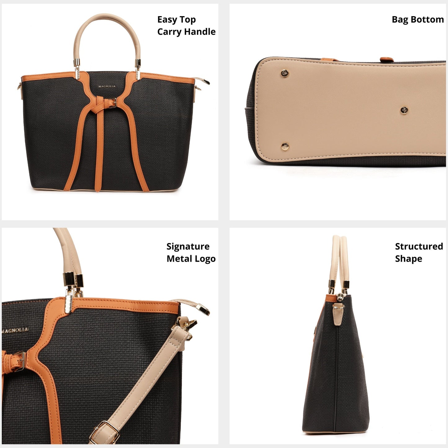 Magnolia PU Leather Women Black Tote Bag
