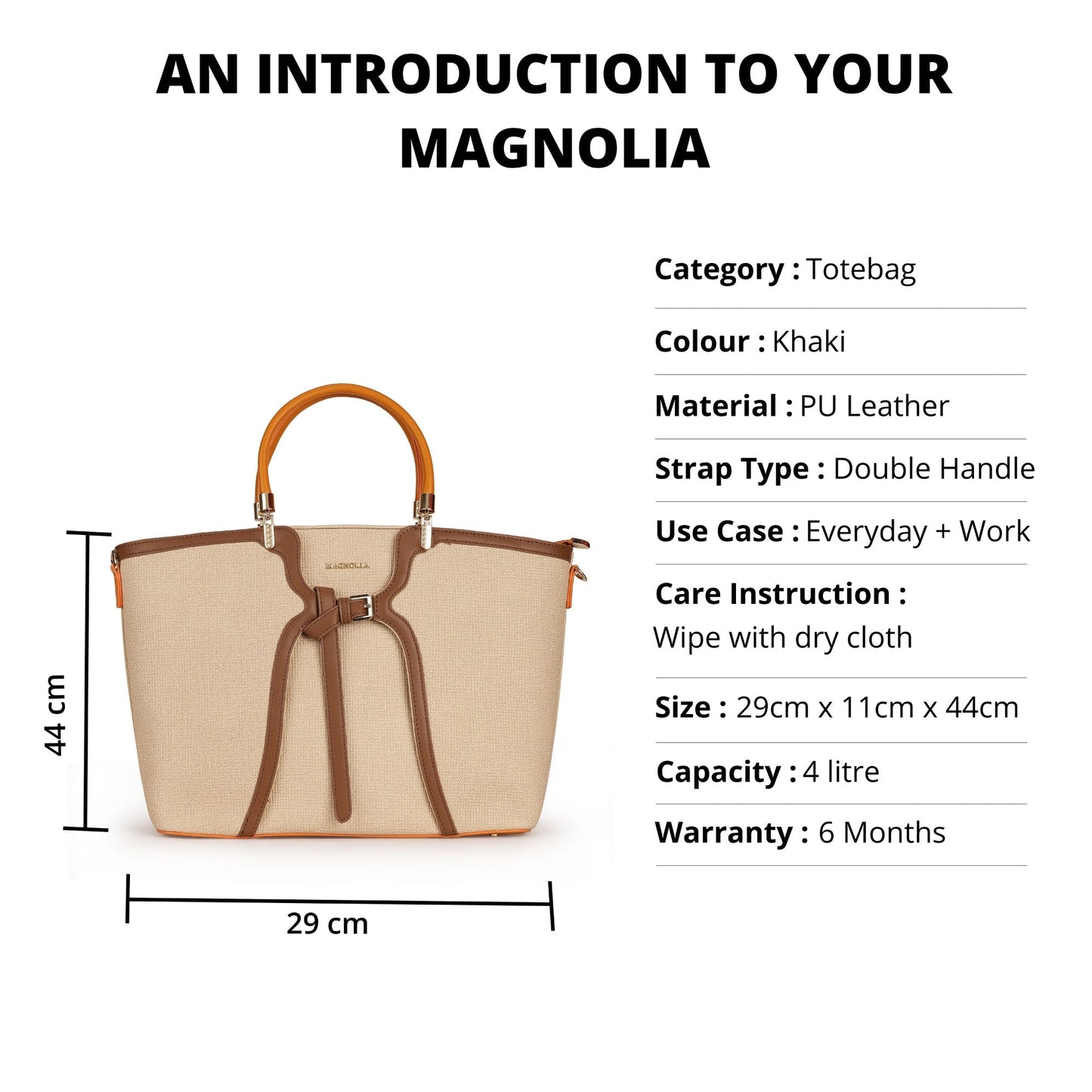 Magnolia PU Leather Women Khaki Tote Bag