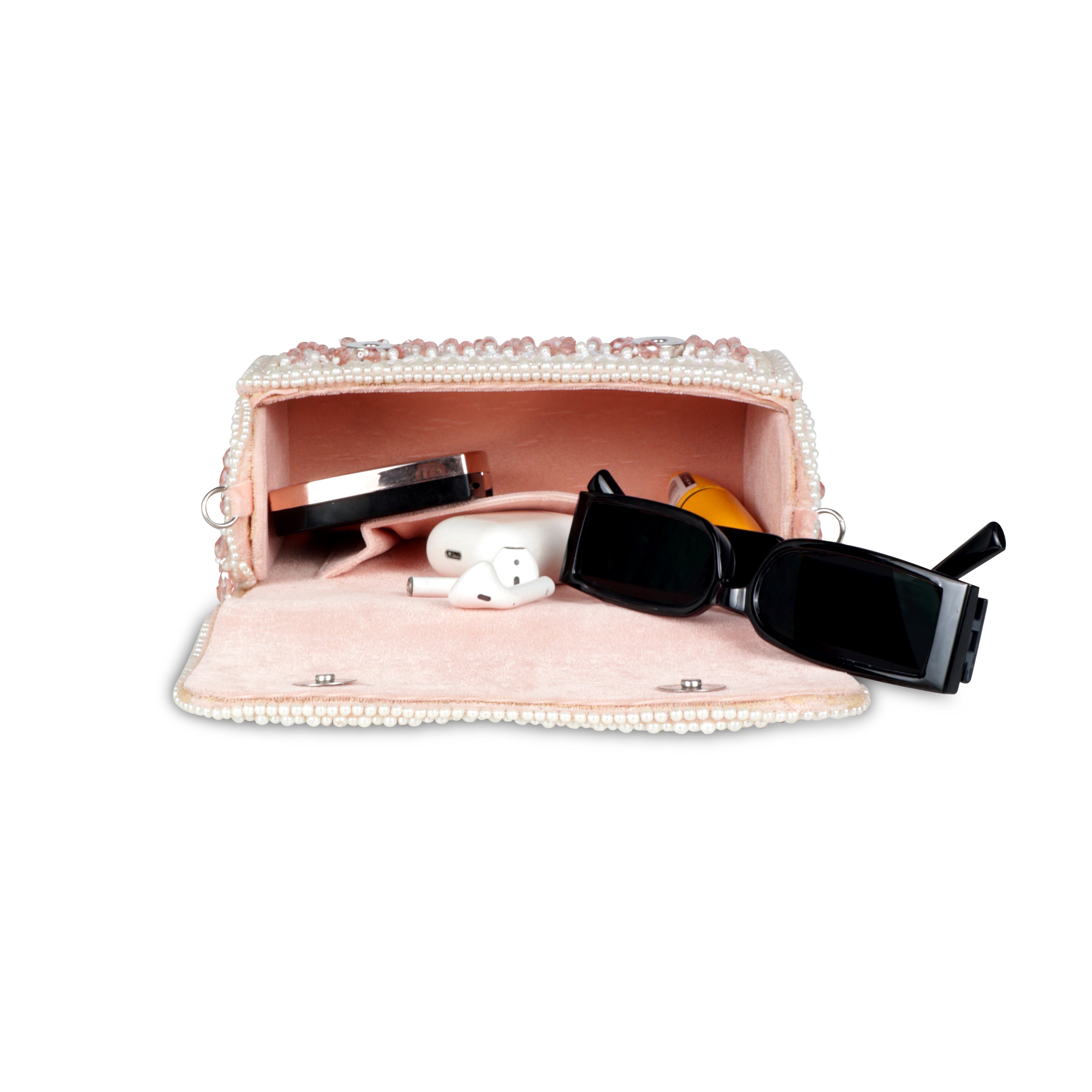 Magnolia Luxe Peach Pink Velvet Bridal & Party Clutch – Handcrafted Beaded Design, Detachable Handle, Spacious Interior