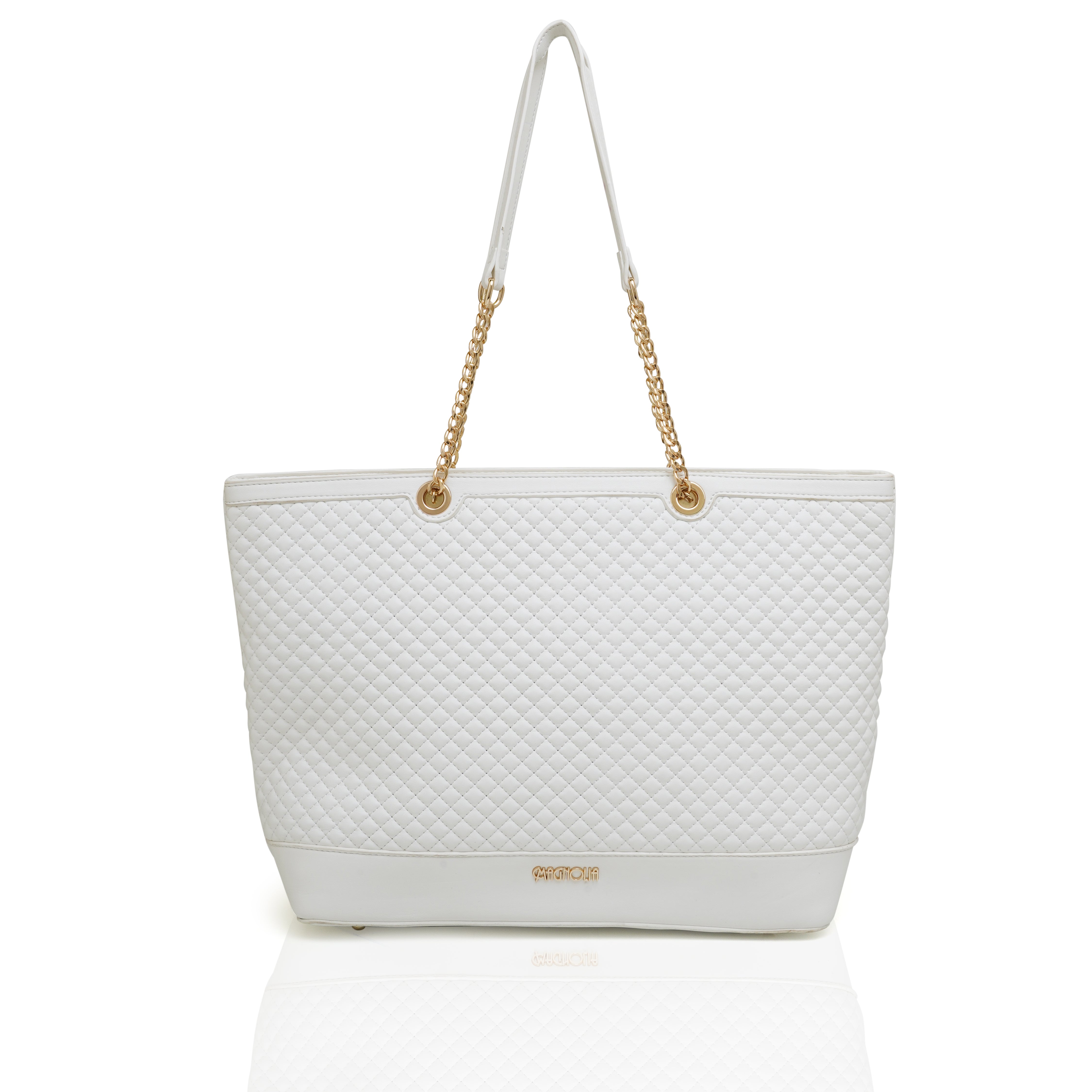 Magnolia Quilted Tote Bag with Gold Chain Straps – Elegant White