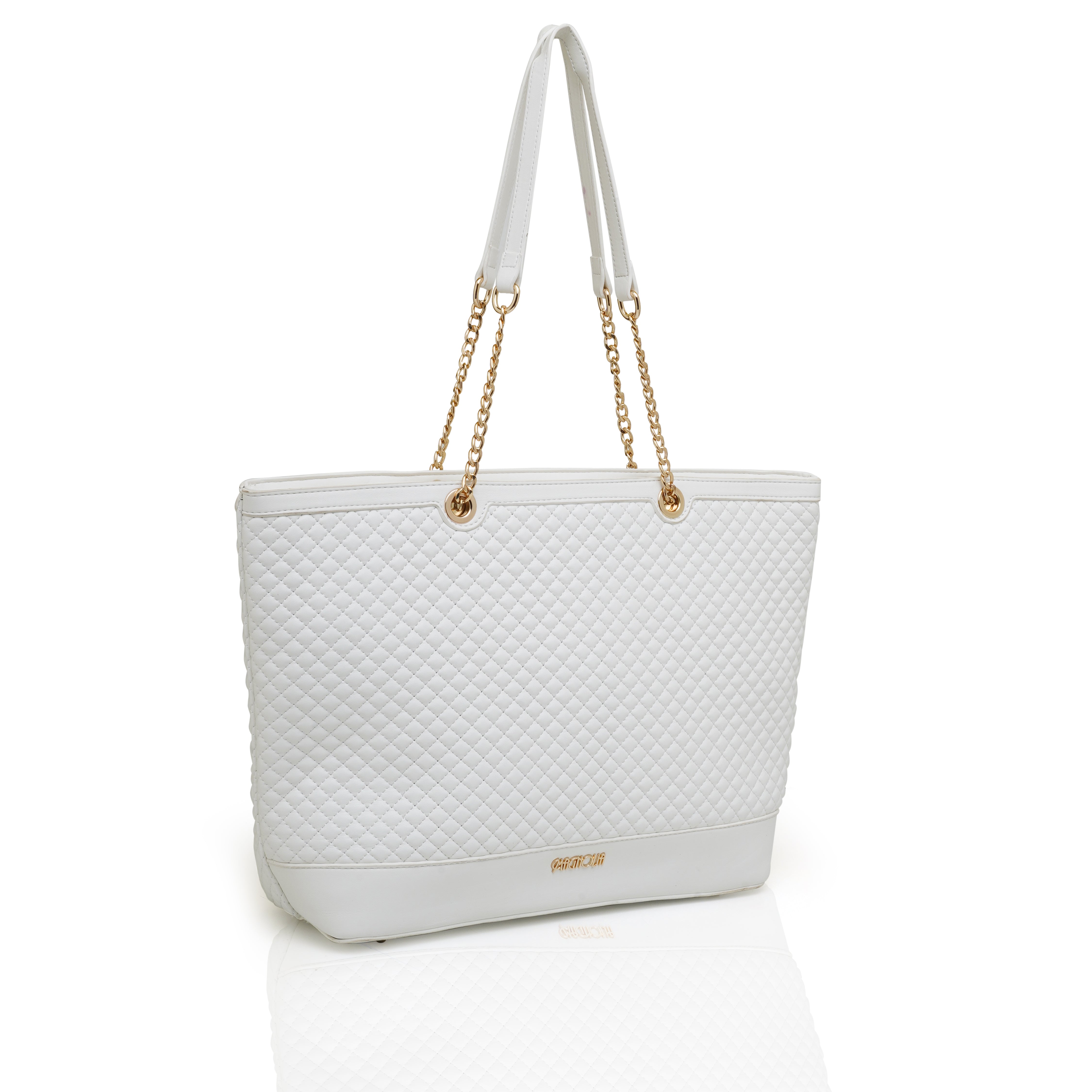 Magnolia Quilted Tote Bag with Gold Chain Straps – Elegant White