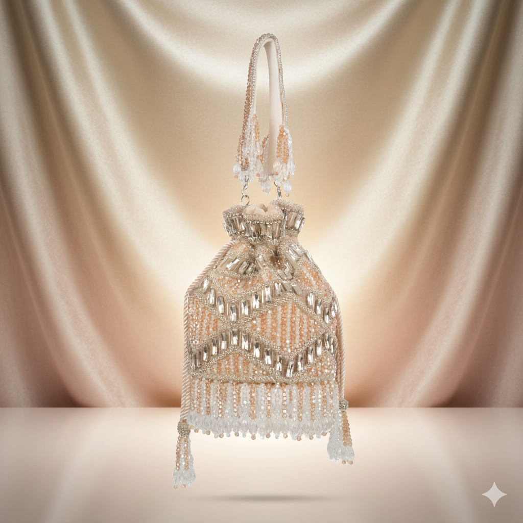 Magnolia Velvet Embroidered Potli Bag – Peach Gold with Silver Embroidery