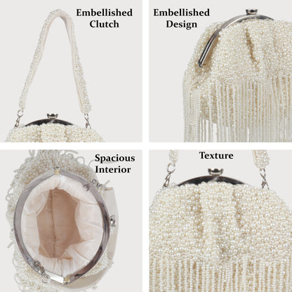 Magnolia White Velvet Embellished Women Clutch