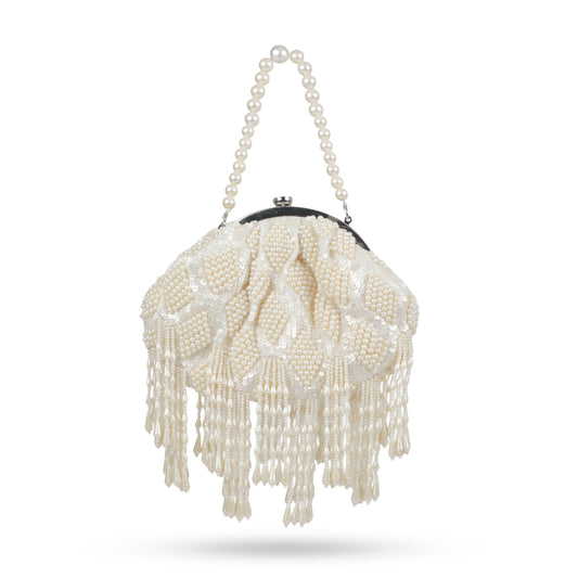 Magnolia Off White Velvet Embellished Women Clutch