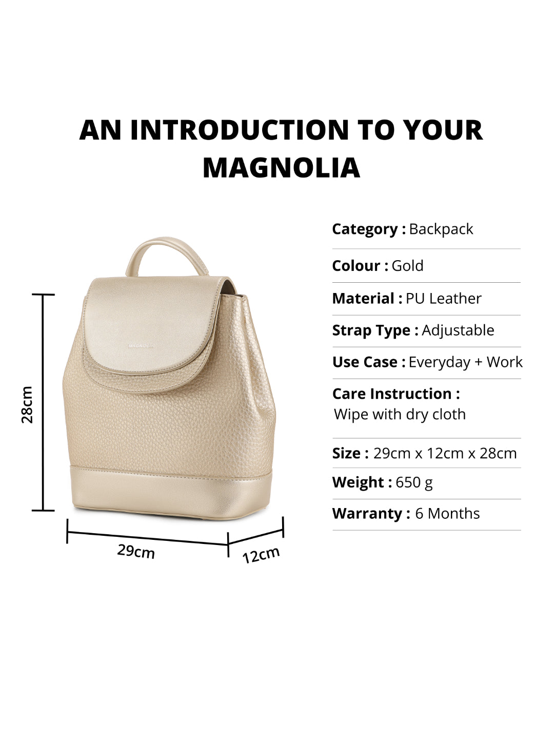 Magnolia Gold PU Leather Solid One Size Women Backpack