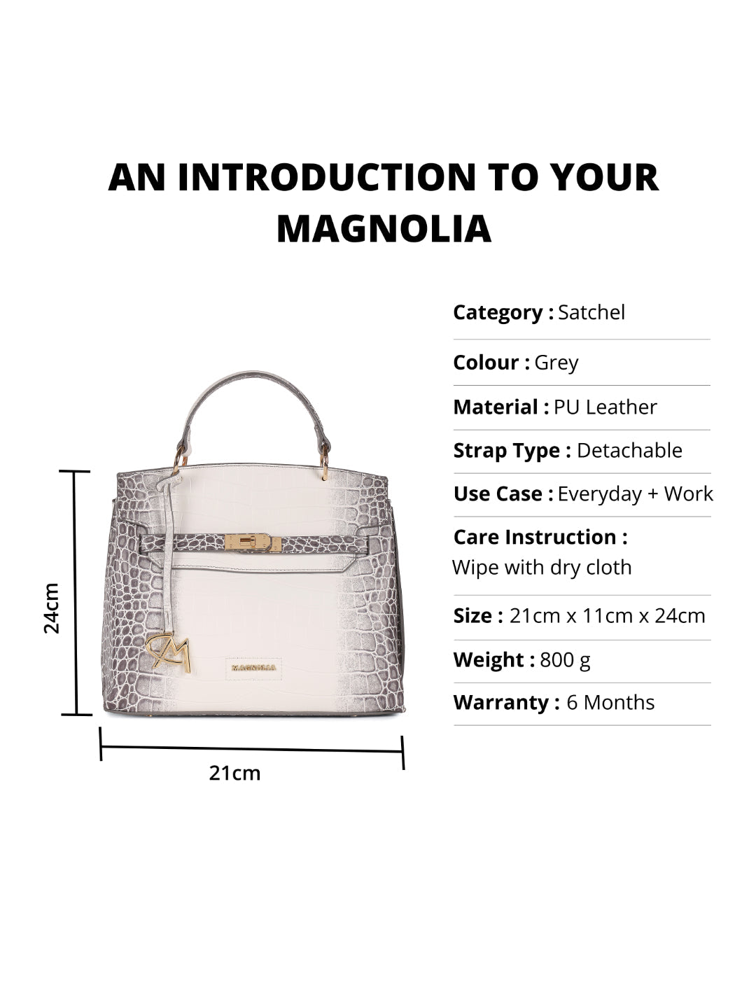 Magnolia Grey PU Leather Animal Effect One Size Women Satchel