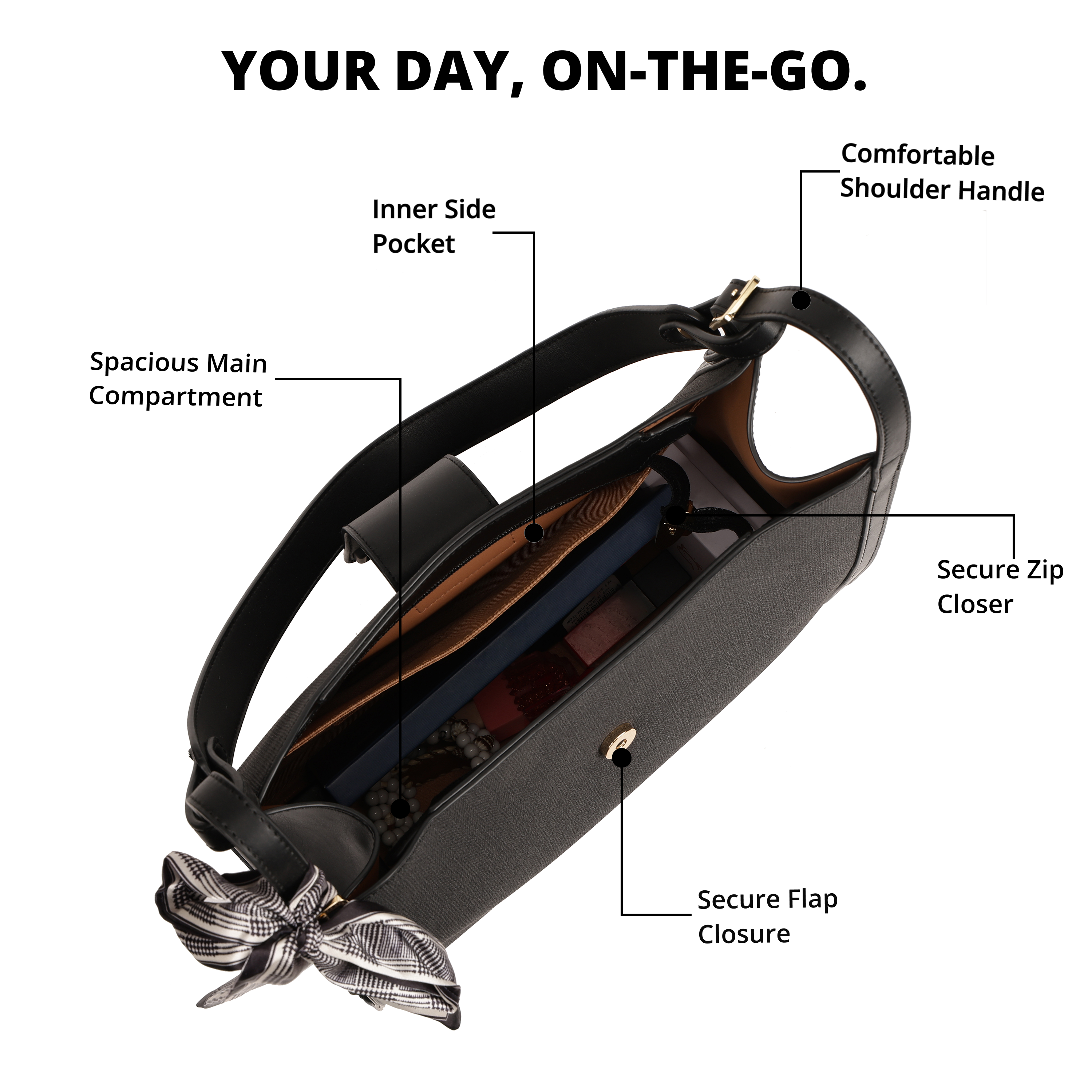 Magnolia PU Leather Women Black Shoulder Bag