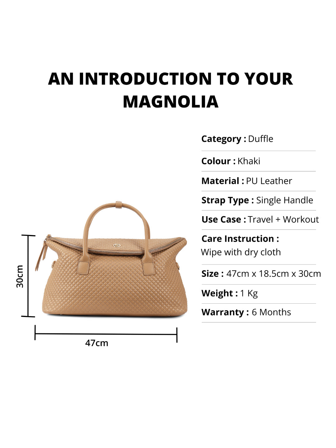 Magnolia Khaki PU Leather Quilted One Size Unisex Duffle Bag