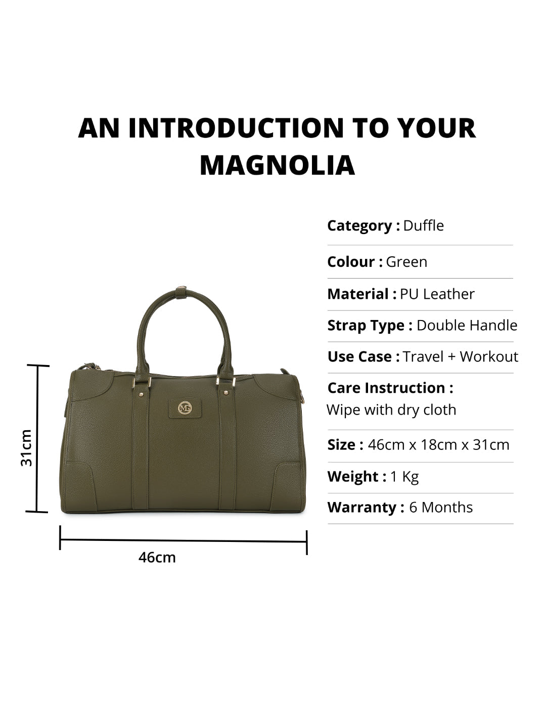 Magnolia Green PU Leather Solid One Size Unisex Duffle Bag
