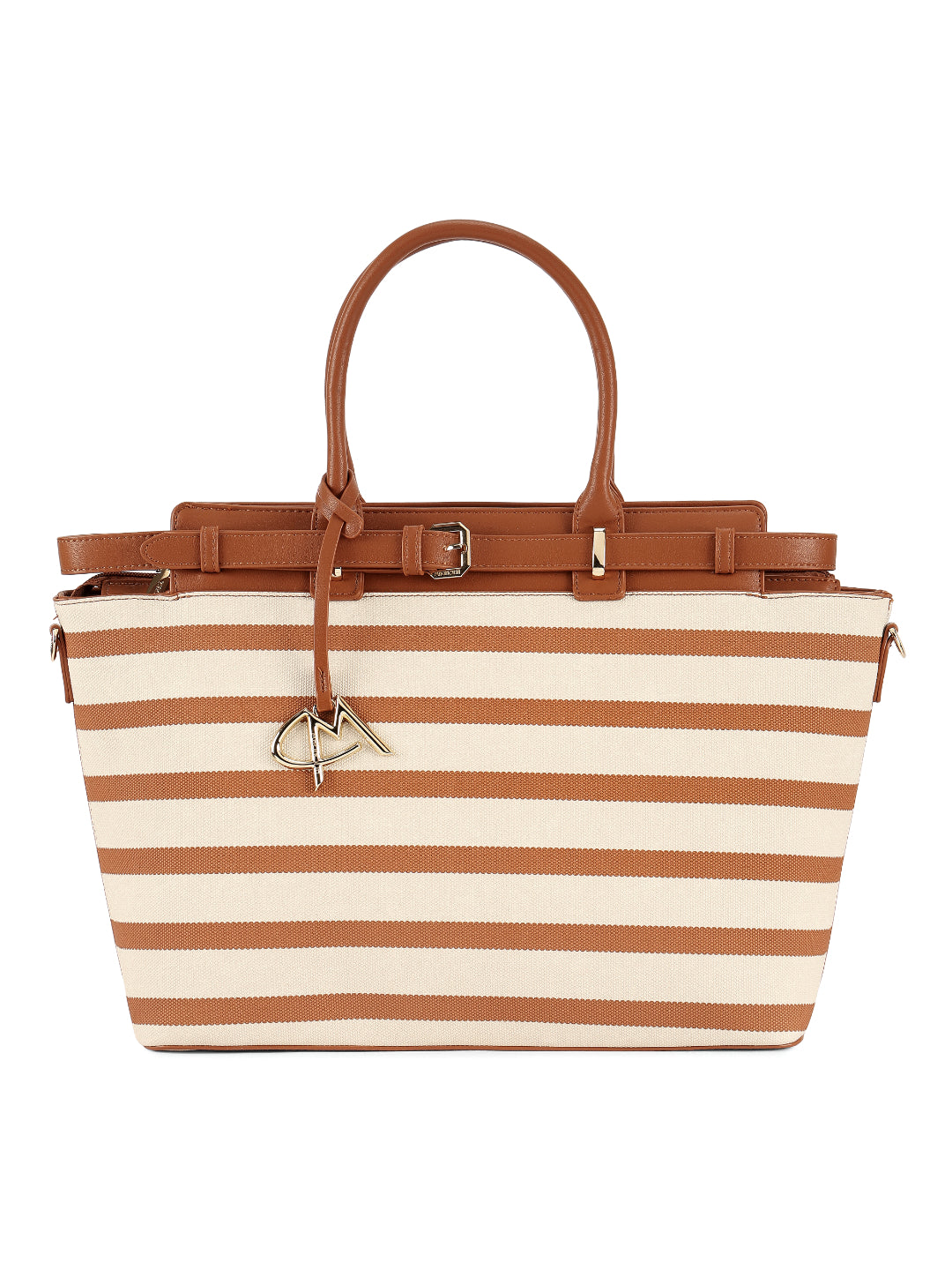 Magnolia Brown PU Leather Striped One Size Women Tote