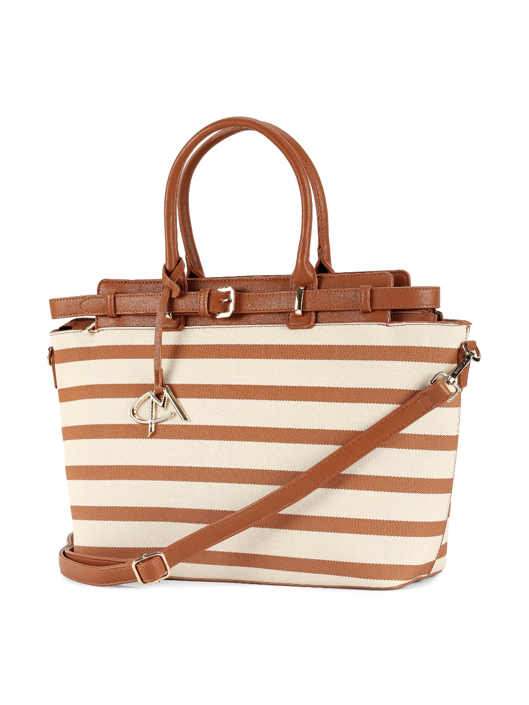 Magnolia Brown PU Leather Striped One Size Women Tote