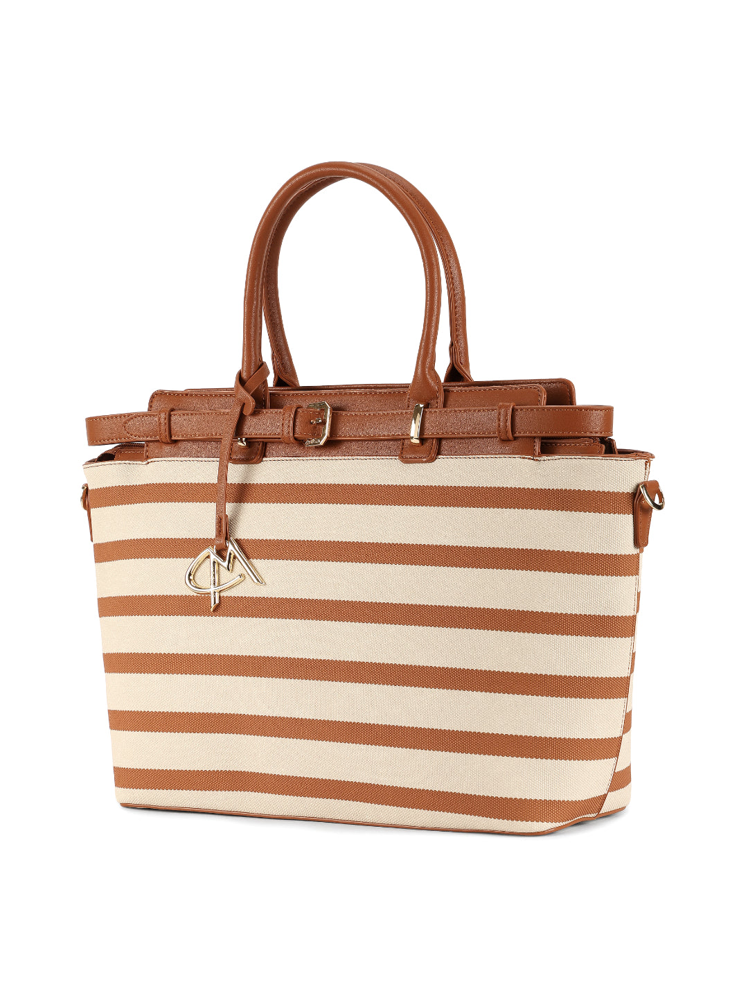Magnolia Brown PU Leather Striped One Size Women Tote