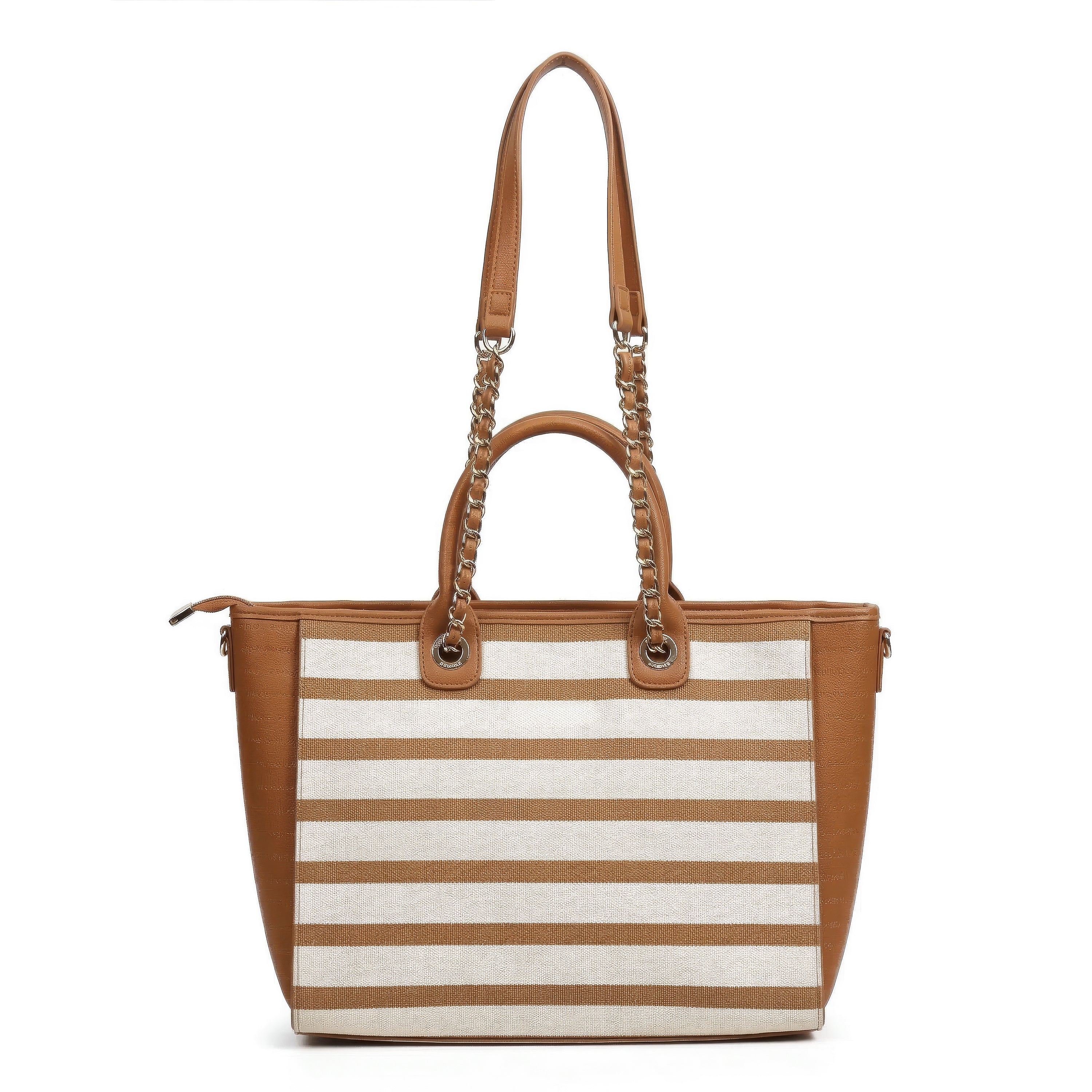 Magnolia PU Leather Women Striped Brown Tote Bag