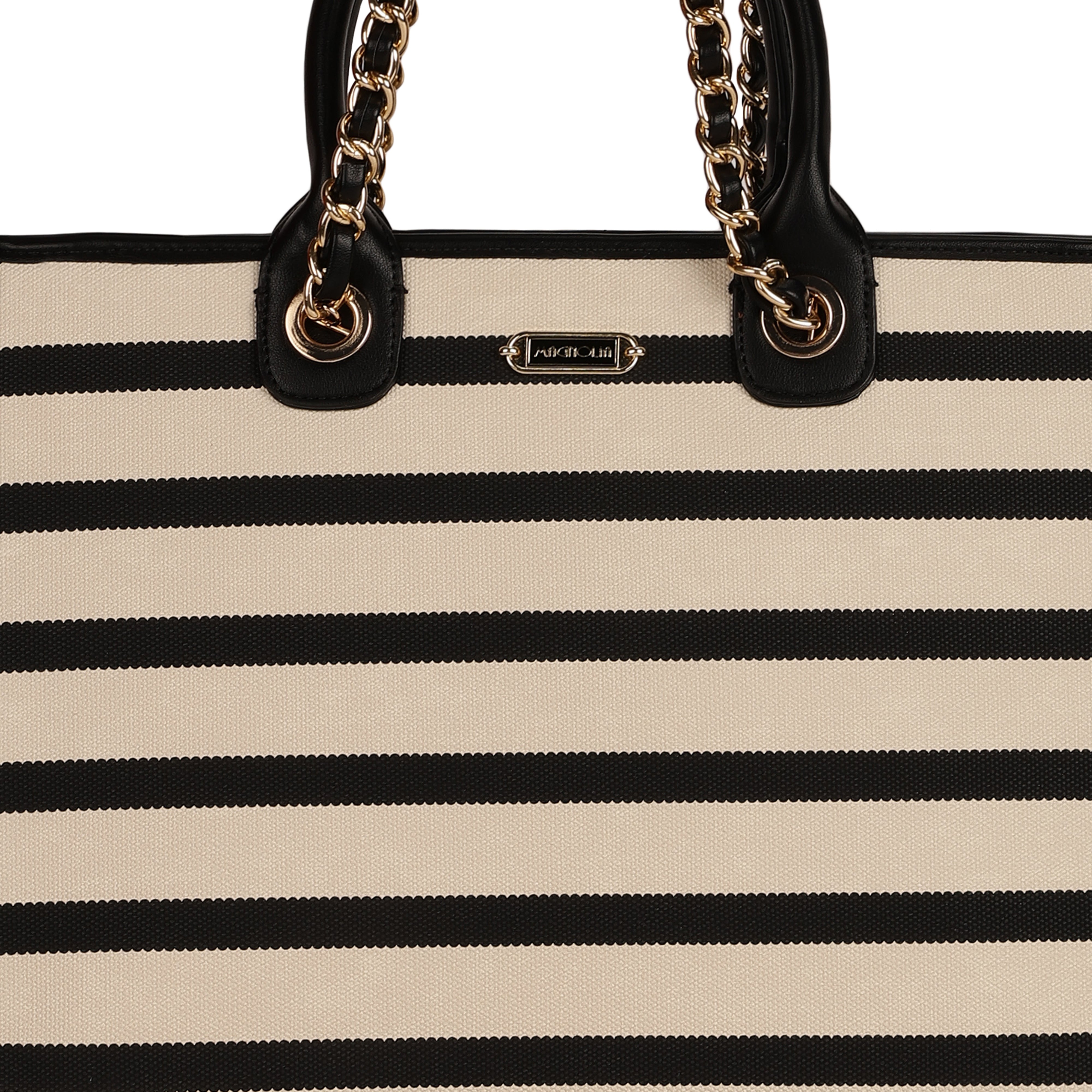 Magnolia PU Leather Women Striped Black Tote Bag