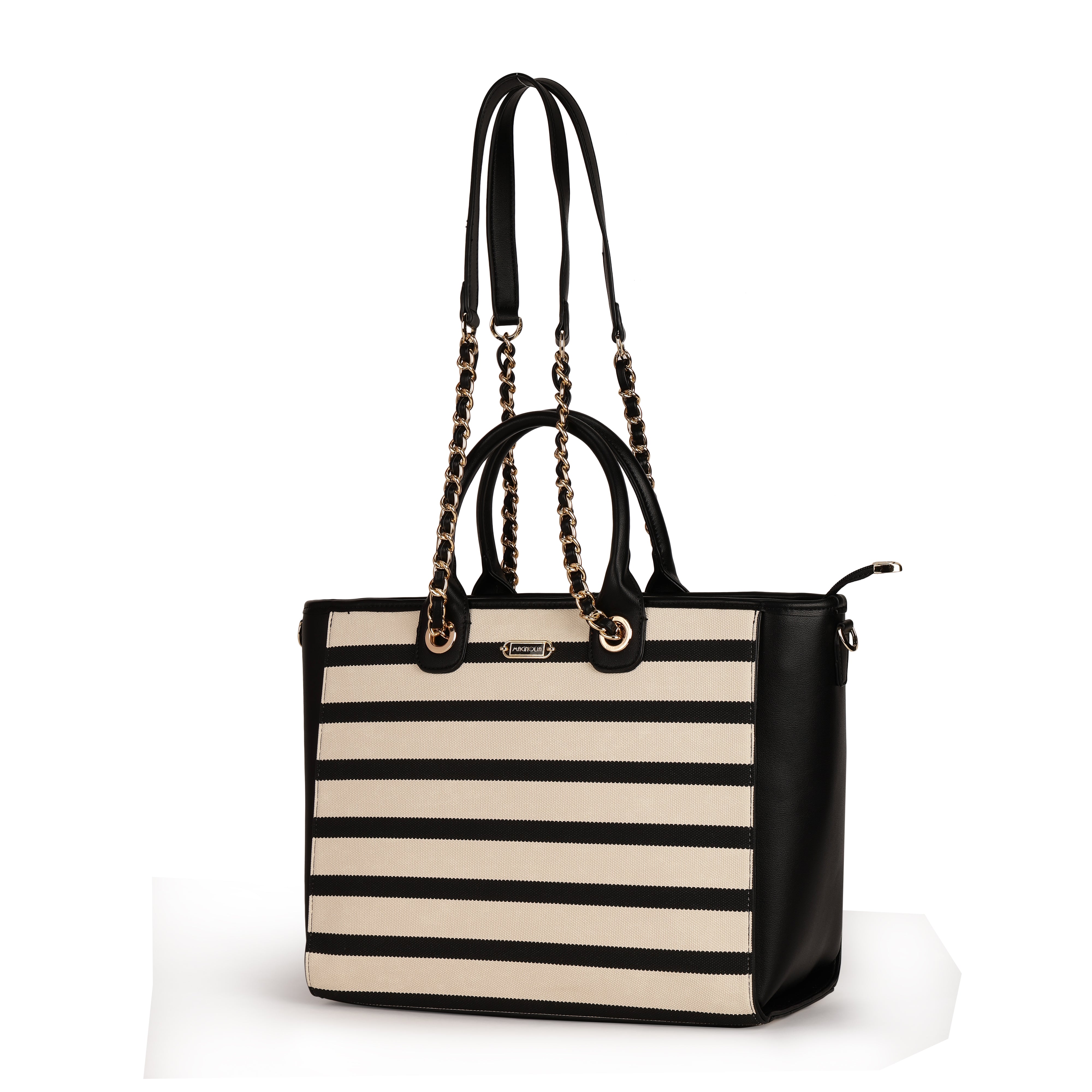 Magnolia PU Leather Women Striped Black Tote Bag