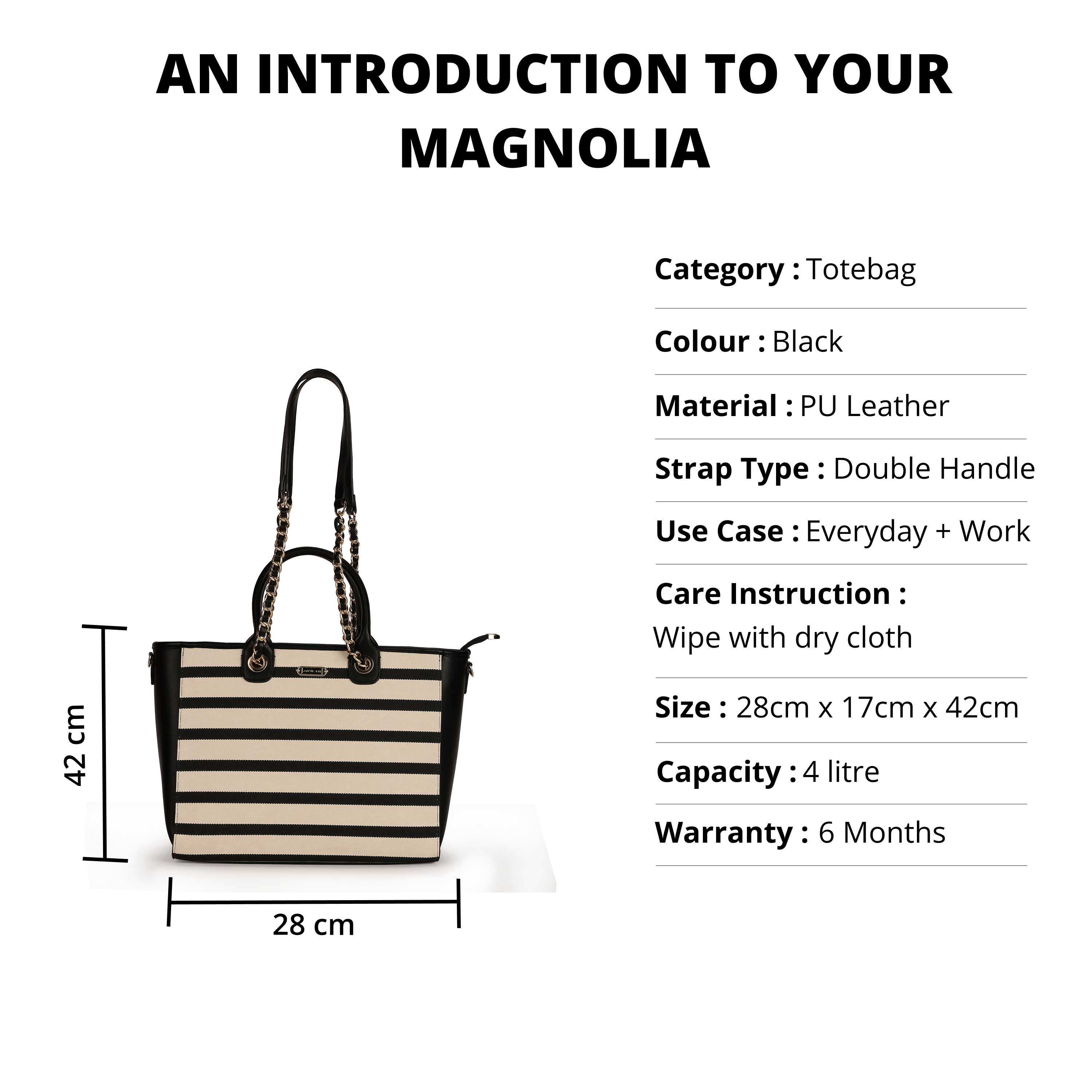 Magnolia PU Leather Women Striped Black Tote Bag